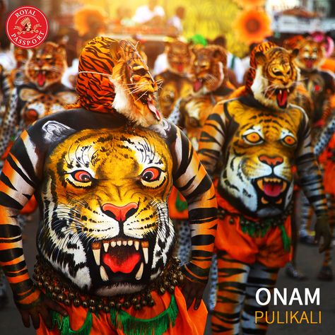 #Pulikali literally means ‘dance of the tiger’. This traditional #Kerala folk art is an electric & colorful mix of song and dance, and form an integral part of #Onam celebrations. Have you had the chance to witness this live?  #RoyalTraditions Kali Dance, Indian Tiger, Tiger Dance, Onam Celebration, Onam Festival, Bottle Drawing, Watercolor Art Journal, Dance Paintings, Naruto Sketch