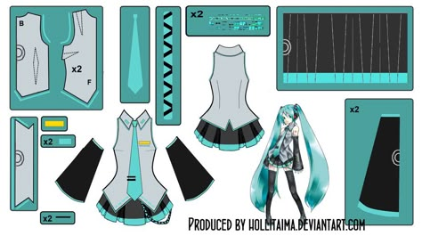 Hatsune Miku Main outfit Cosplay Design Draft by Hollitaima.deviantart.com on @deviantART Pattern Cosplay Miku, Cosplay Design, Patron Vintage, Miku Cosplay, Diy Costume, Cosplay Tutorial, Costume Patterns, Cosplay Diy, Cosplay Tips