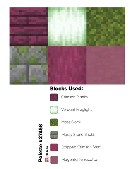 Minecraft Block Palette using crimson planks, verdant froglights, moss block, mossy stone bricks, stripped crimson stem, and magenta terracotta. #minecraft #minecraftbuildingideas #minecraftbuild #minecraftaesthetic #aesthetic #tiktok #mcyt #minecraftcottagecore Minecraft Block Palette Crimson, Block Patterns Minecraft, Minecraft Terracotta Colors, Crimson Plank House Minecraft, Minecraft Wall Palette, Pink Terracotta Minecraft, Best Minecraft Block Combinations, Warped Wood Pallet Minecraft, Minecraft Aesthetic Block Palette