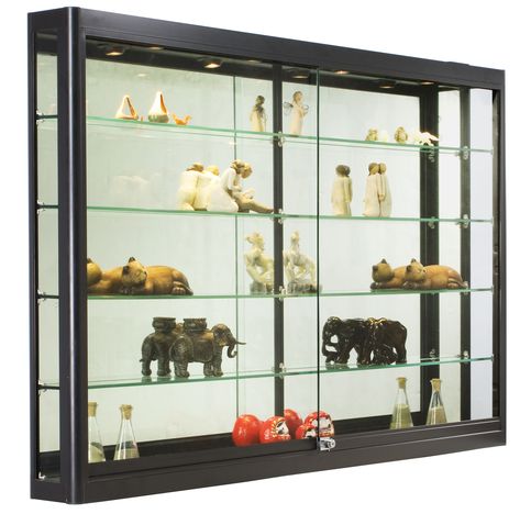 5ft. Wall Mounted Display Case w/4 Top Lights & Mirror Back, Locking - Black Small Display Cabinet, Wall Mounted Display Case, Wall Mounted Display Cabinets, Store Merchandising, Kitchen Display Cabinet, Wall Display Case, Wall Display Cabinet, Showcase Cabinet, Glass Showcase