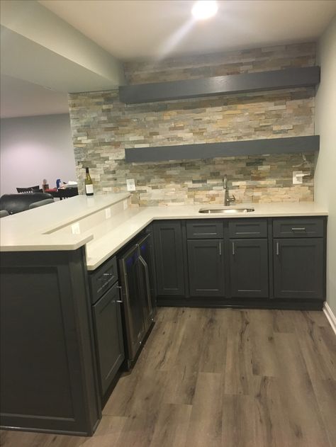 Basement Bar U Shape, Bar For Basement Ideas, Basement Kitchen With Bar, Small Bar Basement, Basement Bar With Peninsula, Basement Wet Bar Corner, Basement Bar With Sink, Coastal Basement Bar, Basement Counter Bar