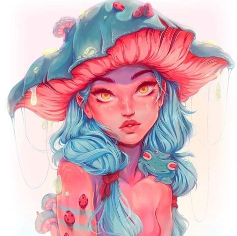 Evil Pixie Art, Fantasy Mushroom Fairy Art, Evvi Art, Mushroom Girl, August Challenge, Mushroom Kingdom, Mushroom Drawing, Emo Art, Cartoon Portrait