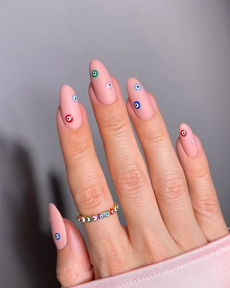 Natural Evil Eye Nails, Evil Eye Nails Red, Samer Nails, Simple Evil Eye Nails, Evil Eye Nails Design, Spiritual Nails, Evil Eye Nails, Pink Closet, Custom Nails