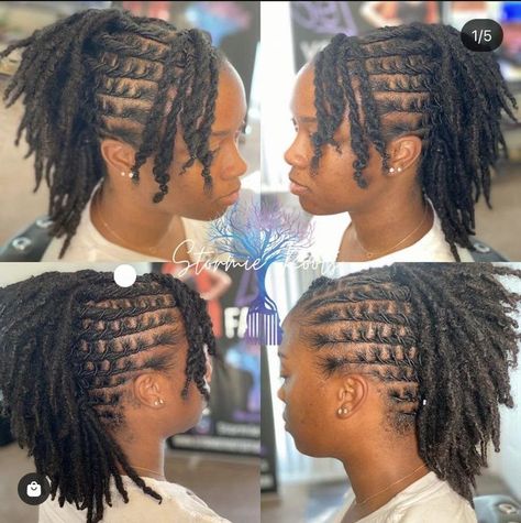 Womens Short Loc Styles, Loc Styles Medium Half Up Half Down, Women Lock Styles, Shorts Locs Styles, Short Loc Styles For Women Summer, Style For Short Dreadlocks, Styling Short Dreadlocks For Women, Loc Styles Down Do, Very Short Locs Hairstyles For Women