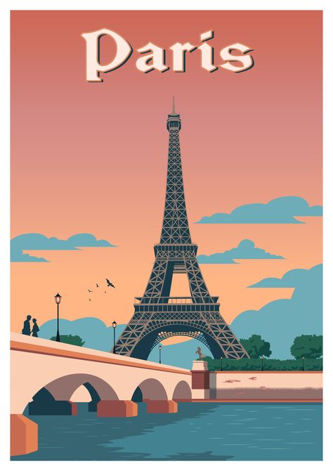 Travel Poster Paris Travel Poster Vintage, Paris Travel Poster, Eiffel Tower In Paris, Tower In Paris, Paris Poster, Vintage Poster Design, Travel Landscape, Retro Travel Poster, Travel Illustration