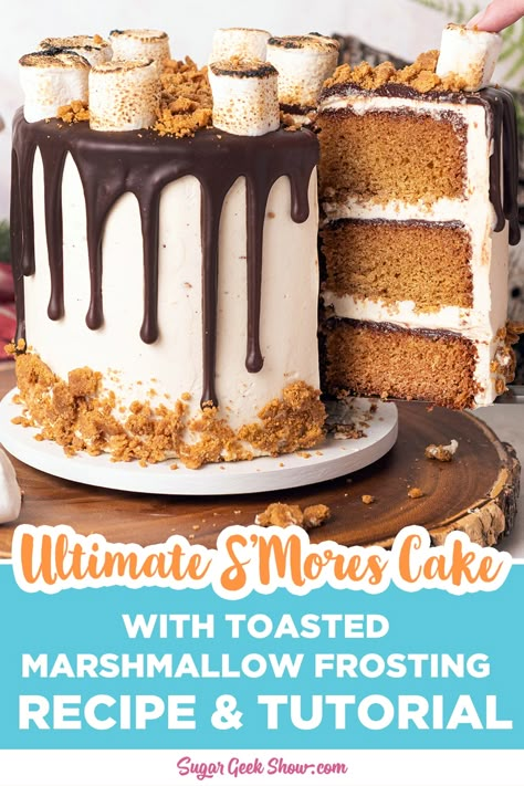 This S'mores cake tastes like it's fresh off the campfire! Layers of moist graham cracker cake, toasted marshmallow frosting, and chocolate ganache make this the ultimate s'mores cake! This is the perfect dessert for a summer picnic or bbq. Who knew you could toast marshmallow creme? It makes all the difference. Toasted Marshmallow Frosting, Smore Cake, Smores Cake Recipe, Fluff Frosting, Weather Party, Marshmallow Fluff Frosting, Cracker Cake, Graham Cracker Cake, Campfire Cake