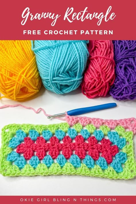 You have heard of the granny squares, but what about the granny rectangle?  Have you ever wanted to crochet a granny square blanket but didn't want to join all the squares?  Then I have the solution for you!  Just learn how to crochet the granny rectangle and make a giant granny rectangle blanket with this stitch! Rectangle Granny Square Pattern Blankets, Crochet Rectangle Granny Square Blanket, Granny Rectangle Crochet Pattern, Granny Square Rectangle Pattern, Granny Rectangle Blanket Free Pattern, Crochet Rectangle Granny Square, Rectangle Granny Square Blanket, Rectangle Granny Square Pattern, Granny Rectangle Pattern