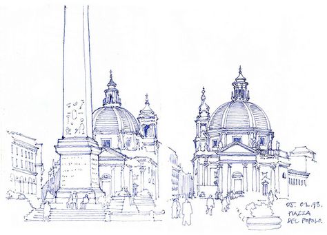 Rome, Piazza del Popolo 1998 | Gérard Michel | Flickr Perspective Sketch, Piazza Del Popolo, A Level Art Sketchbook, Famous Architecture, Watercolor Architecture, Organic Art, Travel Sketches, Architectural Sketch, Art Station