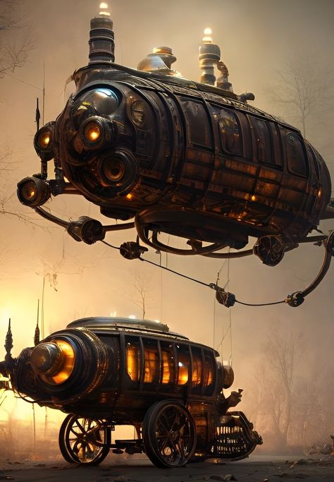 Steampunk transportation with glowing lights, carriage & airship #digitalart Fantasy Transportation, Magical Vehicle, Fantasy Carriage, Steampunk Carriage, Steampunk Vehicles Ships, Steampunk Transportation, Steampunk Transport, Steampunk Flying City, Cyberpunk Flying Car