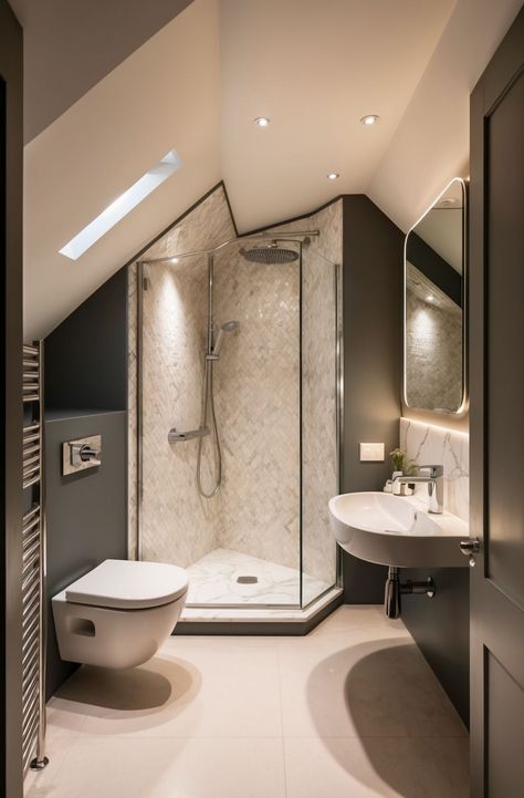 attic ensuite design - luxury attic bathroom design Ensuite Loft Bathroom Ideas, Small Loft Bathroom, Tiny Attic Bathroom, Loft Bedroom Ideas, Attic Shower, Attic Bedroom Ideas, Small Attic Bathroom, Ensuite Bathroom Designs, Attic Bedroom Designs