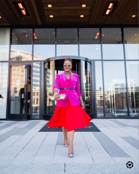 Pink and red Valentine’s Day outfit Pink Velvet Blazer Outfit, Pink And Red Outfit, Pink Velvet Blazer, Velvet Blazer Outfit, Blazer With Belt, Purple Belt, Gold Pumps, Velvet Blazer, Red Outfit