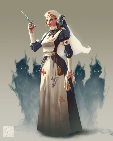 Nurse Fantasy Art, Steampunk Doctor Art, Steampunk Healer, Plague Nurse Art, Female Doctor Character Design, Male Nurse Character Design, Mad Doctor Character Design, Nurse Concept Art, 1800s Doctor