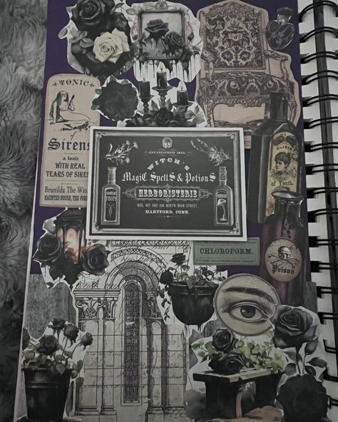 A few more scrapbook journal entries! #arttherapy #scrapbookjournal Goth Paper Crafts, Gothic Junk Journal Pages, Goth Scrapbook Ideas, Gothic Scrapbook Ideas, Gothic Journal Ideas, Goth Scrapbook, Gothic Scrapbook, Goth Journal, Aesthetic Journals