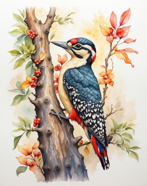 This watercolor painting shows beautiful woodpecker for digital printing and framing to decorate your world. Watercolor Birds Paintings, Woodpecker Painting, Woodpecker Watercolor, Tree Murals, Artwork Animals, Cartoon Art Drawing, Tree Mural, Bird Paintings, Woodpeckers