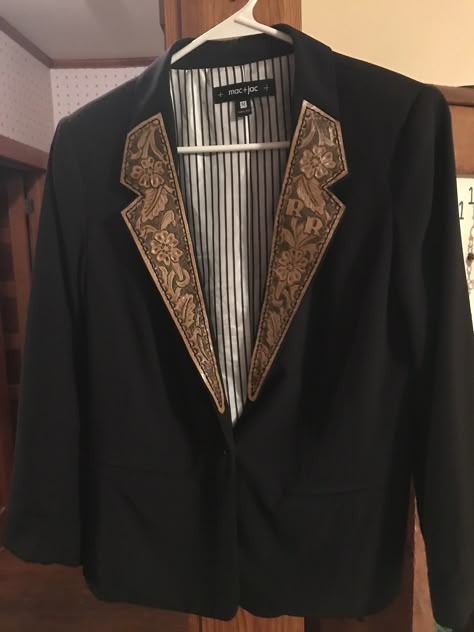 Goodwill blazer with hand tooled leather trim for my daughter! Tooled Leather On Blazer, Tooled Leather Denim Jacket, Tooled Leather Suit Jacket, Tooled Leather Blazer, Western Business Professional, Tooled Leather Wedding, Country Wedding Groomsmen, Western Business, Western Blazer