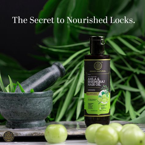 Indulge your hair in the love and care it deserves. It's a crowning glory, after all.  Experience stronger, shinier hair and promote healthy growth naturally with our amla & bhringraj hair oil !  Go grab from our website.🛒   #khadinatural #khadi #naturalmade #organicbeauty #ayurvedicbeauty #ayurvedicproduct #amlaandbhringraj #amla #hairoil #bhringraj #hairecareessentials  #amlaandbhringraj  #nourishfromwithin  #ayurvedic #organicbeauty #amlaoil  #amla Indian Hair Oil, Ayurvedic Shampoo, Hair Advertising, Amla Oil, Ayurvedic Products, Ayurvedic Hair, Products Photography, Product Shoot, Natural Wedding