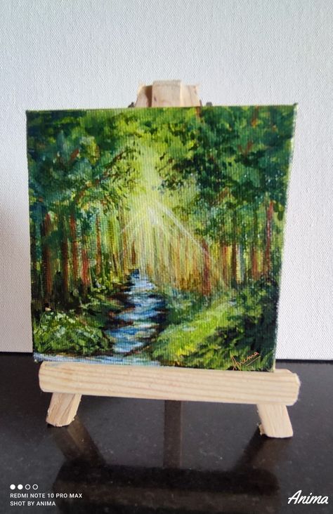 Mini Forest Painting, Enchanted Forest Painting Acrylic, Painting Ideas On Canvas Forest, Animals Painting Ideas, Cute Mini Paintings, 4 Canvas Paintings, Painting Class Ideas, Acrylic Canvas Art, Mini Canvases