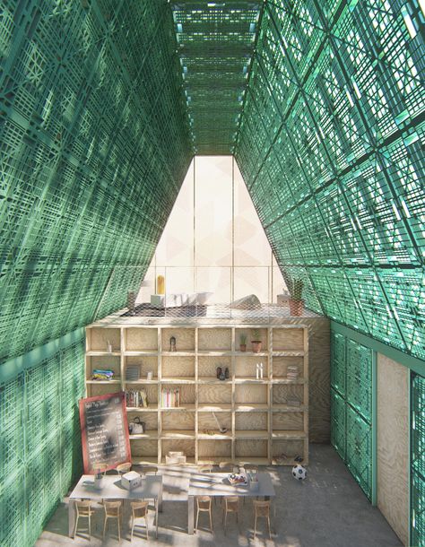 Gallery of Winners Announced for a School Made from Recycled Plastic in Mexico - 2 Plastik Recycling, Corrugated Plastic Roofing, Repurposed Pallets, Daniel Garcia, Reuse Plastic Bottles, Pallet House, Plastic Pallets, Interior Design Presentation, Loft Interiors