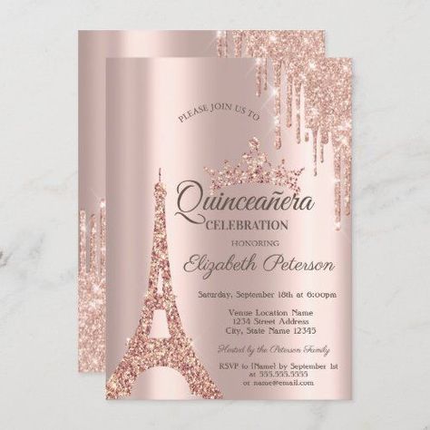 $2.15 | Paris Eiffel Tower,Drip Rose Gold Quinceañera #eiffeltower #paris #quinceañera #tiara #elegant #unique #drips #drops #glitter #silver Rose Gold Quinceanera, Quince Invitations, Quinceanera Dresses Pink, Quinceanera Themes, 50th Birthday Invitations, Paris Party, Quinceanera Invitations, Paris Theme, Paris Eiffel Tower