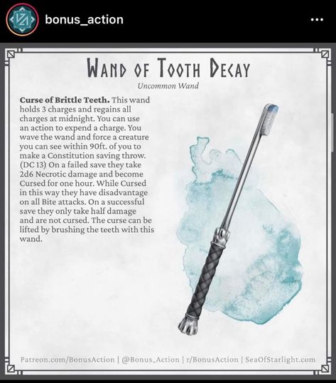 Dnd Silly Items, Dnd Wands, Dnd Makeup, Mystical Creatures Mythology, Homebrew Items, Dungeons And Dragons Rules, Dnd Magic, D D Classes, Nerd Games