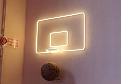 Basketball Room, Basketball Decorations, Picture Arrangements, Kids Rooms Inspo, Basketball Backboard, Basketball Wall, Neon Lamp, Kids Room Wall Decor, Business Decor