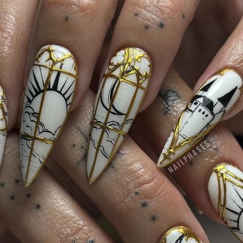 NAT MCMAINS on Instagram: "@icarus_tattoo inspired ⚜️  Swipe to see the inspo!  #handpaintednails #nailart #castle #cathedral #cathedralnails #goldnails #stilettonails #spookyseason #austinnails #atxnails #atx #nailphases" Cathedral Nail Art, Gothic Cathedral Nails, Stained Glass Nails Acrylic, Sharp Nails Aesthetic, Gothic Winter Nails, Intricate Nail Art, Cathedral Nails, Medieval Nails, Catholic Nails