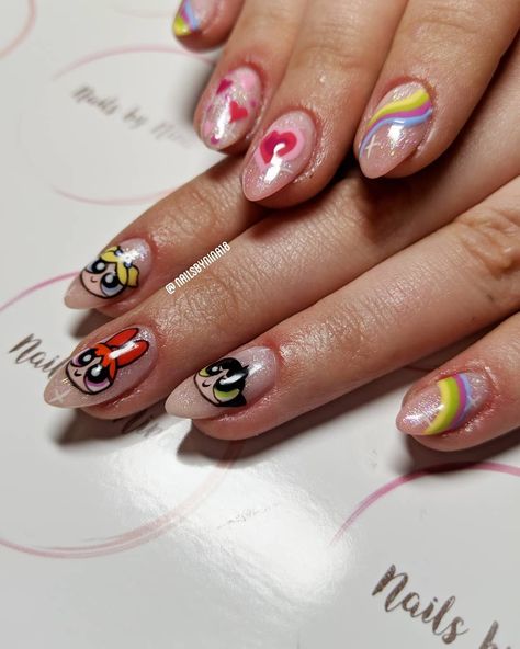 Powerpuff Girl Nail Art, Power Puff Girls Nails, Powerpuff Girls Nail Art, Powerpuff Nails, Hand Drawn Nails, Powerpuff Kızları, 90s Nails, Kids Nails