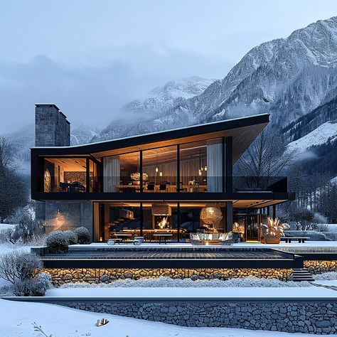 Azad Azarkish: Embarking on a sensory journey in this modern cozy hotel cafe nestled in the Swiss mountains. The contemporary facade captivates with its sleek design, seamlessly blending black rustic wood and glass against the snowy backdrop.  #architecture #house #fashion #decor #diy #homedecor #amazingarchitecture #interiordesign #contemporaryhome #modern #residence #designer