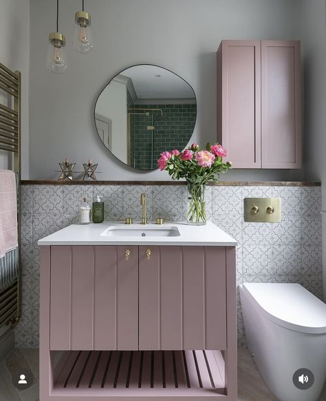 Dusky Pink Bathroom, Pink Panelling, Downstairs Toilet Ideas, Toilet Ideas, Downstairs Loo, Downstairs Toilet, Pink Bathroom, Dusky Pink, Bathroom Interior Design