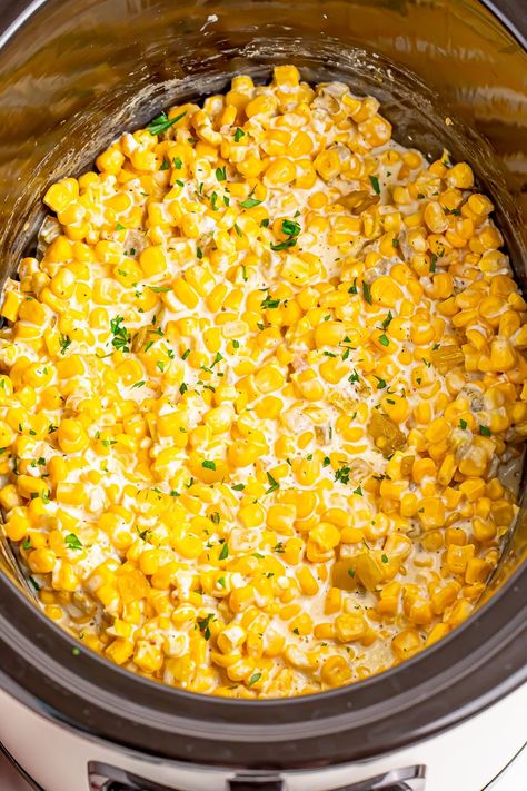 Jalapeno Corn Crockpot, Corn Cream Cheese Green Chilies Crockpot, Green Chile Creamed Corn, Cream Corn Crockpot Slow Cooker, Hot Corn Recipe, Crockpot Corn Recipes Slow Cooker, Sweet Corn Crockpot Recipes, Crock Pot Creamed Corn, Corn In A Crockpot