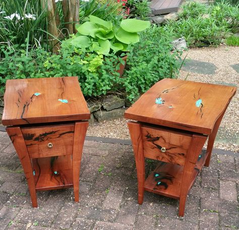 Turquoise filled end tables made of mesquite Mesquite Coffee Table, Mesquite Furniture, Fine Woodworking, Live Edge, Leather Sofa, Wood Burning, End Tables, Wood Projects, Floating