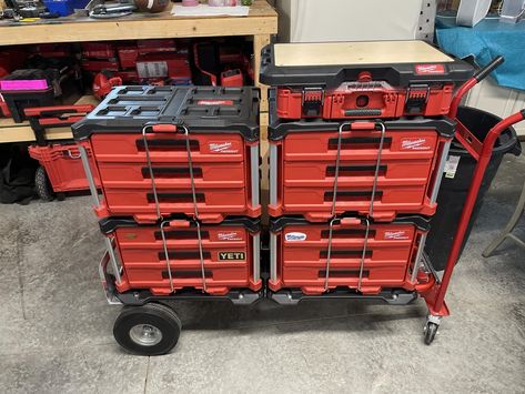 Tool Cart Ideas, Packout Storage Ideas, Milwaukee Tool Box Ideas, Tool Box Ideas, Milwaukee Tool Box, Box Organization, Work Trailer, Work Van, Mobile Workshop