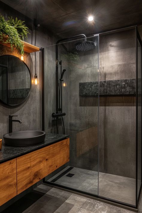 Discover stunning modern bathroom ideas with a sleek black shower, minimalist wooden cabinetry, and contemporary lighting. Elevate your space with greenery and sophisticated design elements! #ModernBathroom #BathroomInspo #HomeDesign Spa Bathroom Ideas Dark, Bathroom Design For Men, Black And Gray Small Bathroom Ideas, Bathroom Dark Grey Cabinets, Modern Cabin Interior Bathroom, Black Bathroom With Wood Accents, Small Dark Bathroom Aesthetic, Black And Wooden Bathroom, Minimalist Dark Bathroom