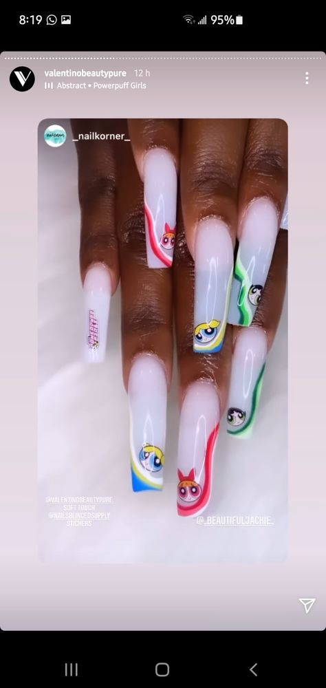 Powerpuff Girls Nails Acrylic, Powerpuff Nail Art, Power Puff Nails, Power Puff Girls Nails, Powerpuff Nails, Cartoon Nails, Summery Nails, Powerpuff Girl, Power Puff