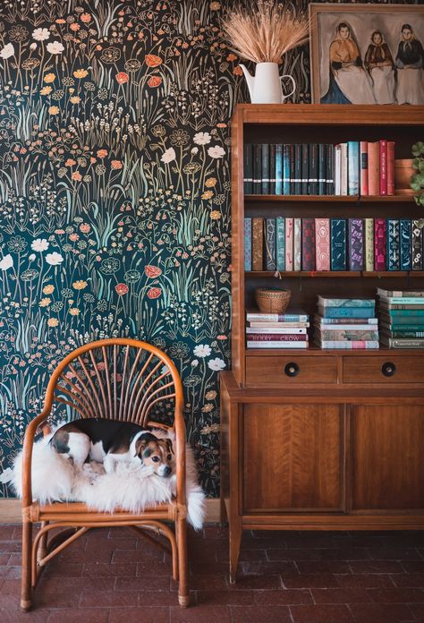 Hygge & West, Hallway To Bedrooms, Alpine Garden, Garden Wallpaper, Brick Flooring, Common Themes, Inspirational Wallpapers, Wood Ceilings, Dark Floral