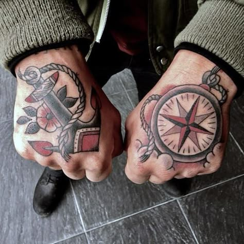 Simple Anchor Tattoo, Anker Tattoo Design, Traditional Anchor Tattoo, Nautical Compass Tattoo, Small Anchor Tattoos, Nautical Tattoo Sleeve, Herren Hand Tattoos, Small Anchor, Anchor Tattoo Design