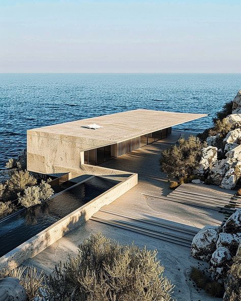 Seaside Haven by Monika Pancheva @panchevamonika @monikapancheva, An Ode to Structure 🔗 https://www.amazingarchitecture.com/visualization/seaside-haven-by-monika-pancheva-an-ode-to-structure Monika Pancheva: Seaside Haven is a modern architectural marvel situated on Portugal’s breathtaking shoreline. With 210 square meters of carefully designed space, this home masterpiece offers an unmatched living experience by the sea. With its rigid, geometric shapes, the building makes a dramatic silho... Modern House By The Sea, Seaside Architecture, Crazy Architecture, Portland House, Dramatic Silhouette, Brutalism Architecture, Luxury Beach House, Concrete Architecture, House Design Exterior