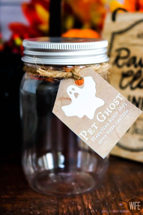 Diy Pet Ghost, Pet Ghost In A Jar Diy, Ghost In A Jar Diy, Pet Ghost In A Jar, Ghost In A Jar, Pet Ghost, Ghost Movie, Halloween Class Party, Jar Tags