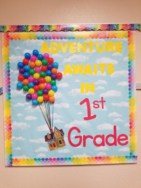 1st Grade Bulletin Board Ideas Display, Back To School Door Ideas Pre K, Cute Bulliten Board Ideas Schools, Up Theme Bulletin Board, Up Movie Bulletin Board Ideas, Up Bulletin Board Ideas Disney, First Grade Welcome Bulletin Boards, Cute Preschool Bulletin Boards, Kindergarten Graduation Bulletin Board