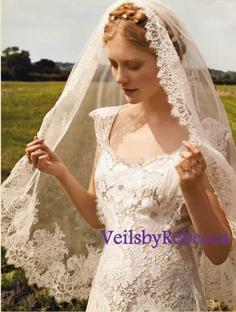 Ready to Ship Veil-1 tier mantilla veil,elbow length lace veil,wrist length lace veil,fingertip length lace veil,french chantailly lace veil Veil Elbow Length, Applique Veil, Lace Trimmed Veil, Veils Cathedral, Lace Mantilla Veil, Fingertip Wedding Veils, Lace Mantilla, Mantilla Veil, Veils Bridal