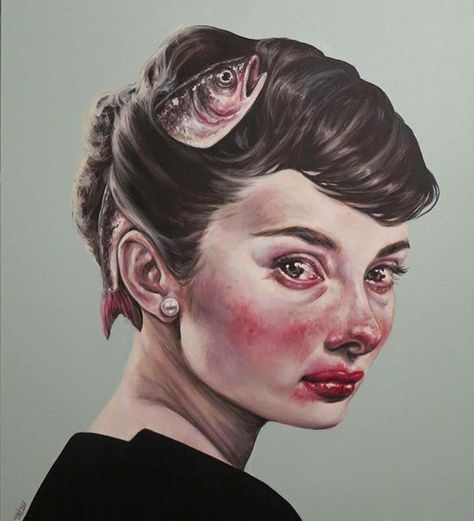 Poor Audrey...having a rough day..#Repost @afarinsajedi ・・・ #afarinsajedi #art#auderyhepburn #pop#popsurealism#2017#LIKE A STAR #⭐️ Afarin Sajedi, Surreal Portrait, Cindy Sherman, Figurative Artwork, Rough Day, Art Organization, Arte Inspo, A Level Art, Pop Surrealism