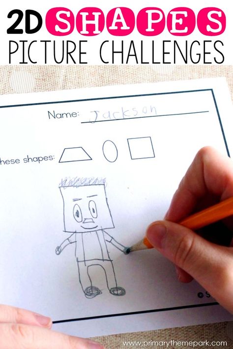 Kids love this 2D shapes activity! Students are challenged to draw pictures that incorporate 2, 3, or 4 specific shapes. A no-prep math center or great for math journals! #shapes #mathgames #kindergarten Shapes First Grade, 2 D Shapes, Shapes Kindergarten Activities, Drawing With Shapes, 2d Shapes Kindergarten, Learning Shapes Activities, 2d Shape Games, Shape Activities Kindergarten, 2d Shapes Activities