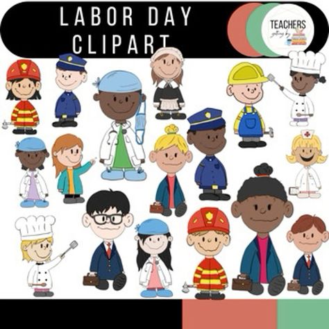 Cute Hand-drawn Labor Day clipart for teachers to use on bulletin boards, in worksheets and activities. Follow TeachersGettingBy on instagram Labor Day Clip Art, Clipart For Teachers, Preschool Bulletin Boards, Career Day, Teacher Clipart, Classroom Walls, Labor Day, Skin Color, Bulletin Boards