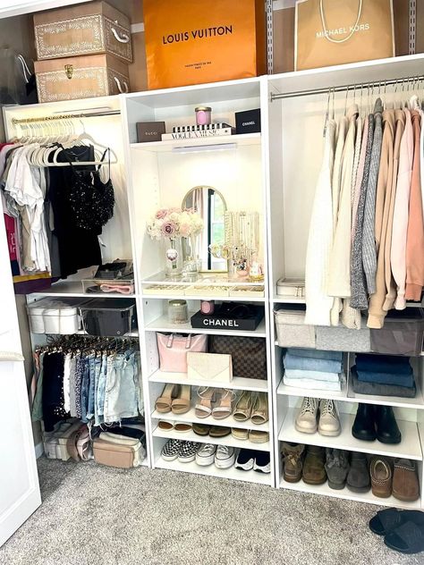 Spare Bedroom Closet Ideas, Walk In Closet Plan, Target Bookshelf, Small Bedroom Hacks, Bookshelf Closet, Boujee On A Budget, Diy Walk In Closet, Closet Hacks, Bookshelf Organization