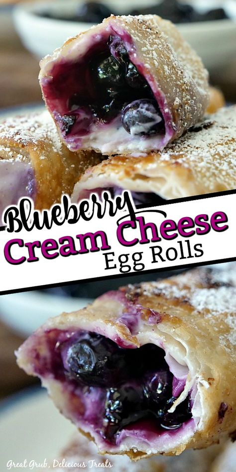 Blueberry Cheesecake Eggrolls, Blueberry Cream Cheese Roll Ups, Egg Roll Wrapper Recipes Dessert Air Fryer, Blueberry Breakfast Pastry, Egg Roll Wrapper Desserts, Desserts With Egg Roll Wrappers, Easy Blueberry Cream Cheese Dessert, Fruit Eggrolls, Blueberry Cream Cheese Eggrolls