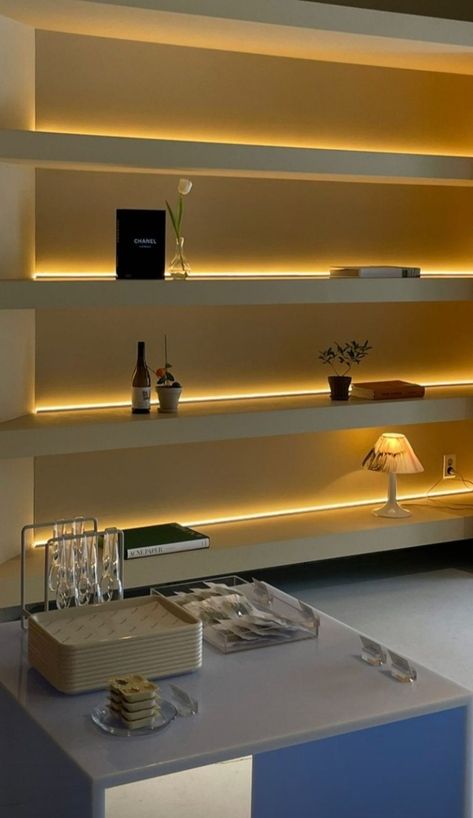 Led Strip Lights Bookshelf, Ikea Shelves Lighting, Recessed Lighting Shelves, Led Lights Shelves, Back Lit Shelves, Led Light Bookshelf, Led Light Shelves, Bookshelf With Led Lights, Built In Bookshelf Lighting