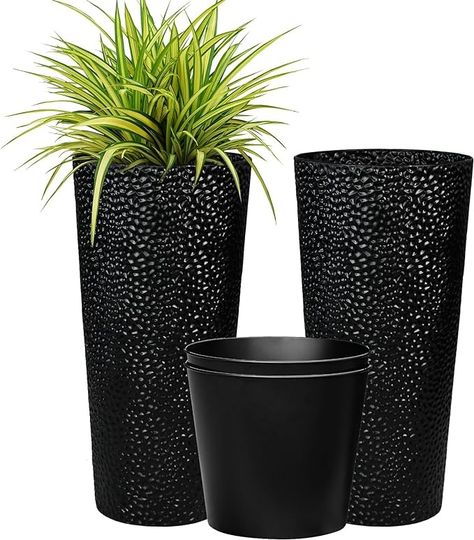 Amazon.com : Worth Garden 2-Pack 28" H. Metal Planter with 2X Inside Pots - Hand-Hammered Texture Tall Cone Plant Pots - Large Handcrafted Black Flower Pot for Indoor Outdoor, Deck, Patio, Front Porch : Patio, Lawn & Garden Indoor Outdoor Deck, Front Entrance Decor, Indie Decor, Black Planters, Steel Planters, Tall Planters, Fall Front Porch, Deck Patio, Metal Planters