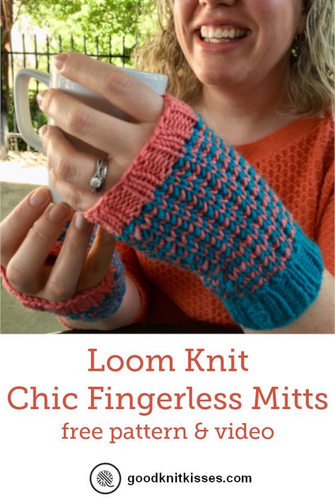 Loom Knit Chic Fingerless Mitts free pattern and video tutorial featuring Chic Sheep yarn http://www.goodknitkisses.com/chic-fingerless-mitts/ #goodknitkisses #fingerlessmitts #loomknit #loomknitting #chicsheep Loom Knitting Patterns Free, How To Loom Knit, Loom Knitting For Beginners, Round Loom Knitting, Loom Knitting Tutorial, Loom Knit Hat, Loom Knitting Stitches, Loom Crochet, Round Loom