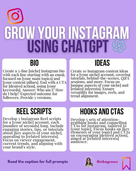 ✨Open for copy/paste prompts✨ Instagram can be such a creative space! However, when your creativity feels a little rusty, it’s okay to ask for help! 😉 And who is better for that than ChatGPT! Here are 4 copy/paste prompts you can use to grow your Instagram account 🥰 1. Create a 3-line [niche] Instagram bio with each line starting with an emoji, focused on [your main topics] and [your content pillars]. End with a CTA for [desired action], using [your keywords]. Answer: Who am I? How do I h... Instagram Prompts, Content Pillars, Grow Your Instagram, Media Management, Who Am I, Instagram Bio, Copy Paste, Call To Action, Focus On Yourself