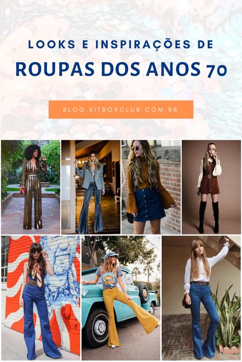 Conheça as peças que marcaram essa década e são usadas até hoje. Roupas anos 70 com fotos de looks, dicas e muita inspiração. Confira! Outfits Festa, Moda 70s, Looks Hippie, 70 Outfits, Moda Hippie, Outfits 70s, 70s Inspired Fashion, 70’s Fashion, Color Full